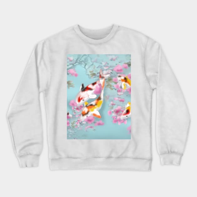 Koi carp with sakura reflections in a turquoise pond Crewneck Sweatshirt by cuisinecat